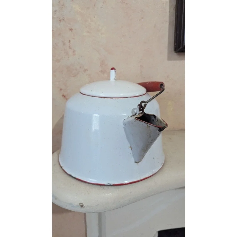 Vintage White Enamel Tea Kettle‎ Red Trim Wooden Handle Farmhouse Decor 8 inch